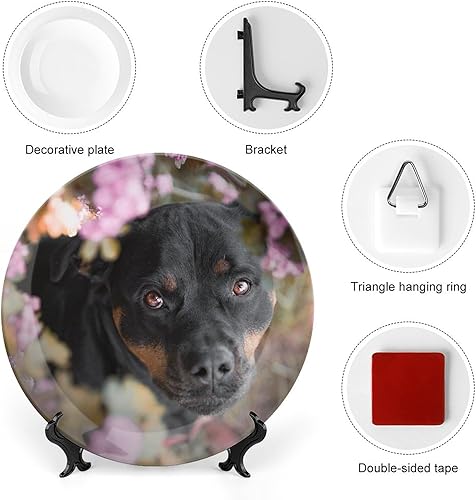 Miniatura 3 de Plato decorativo de perro Rottweiler Flower Dogshoting, placa decorativa de pared de cerámica, placa decorativa con soporte, placa redonda de