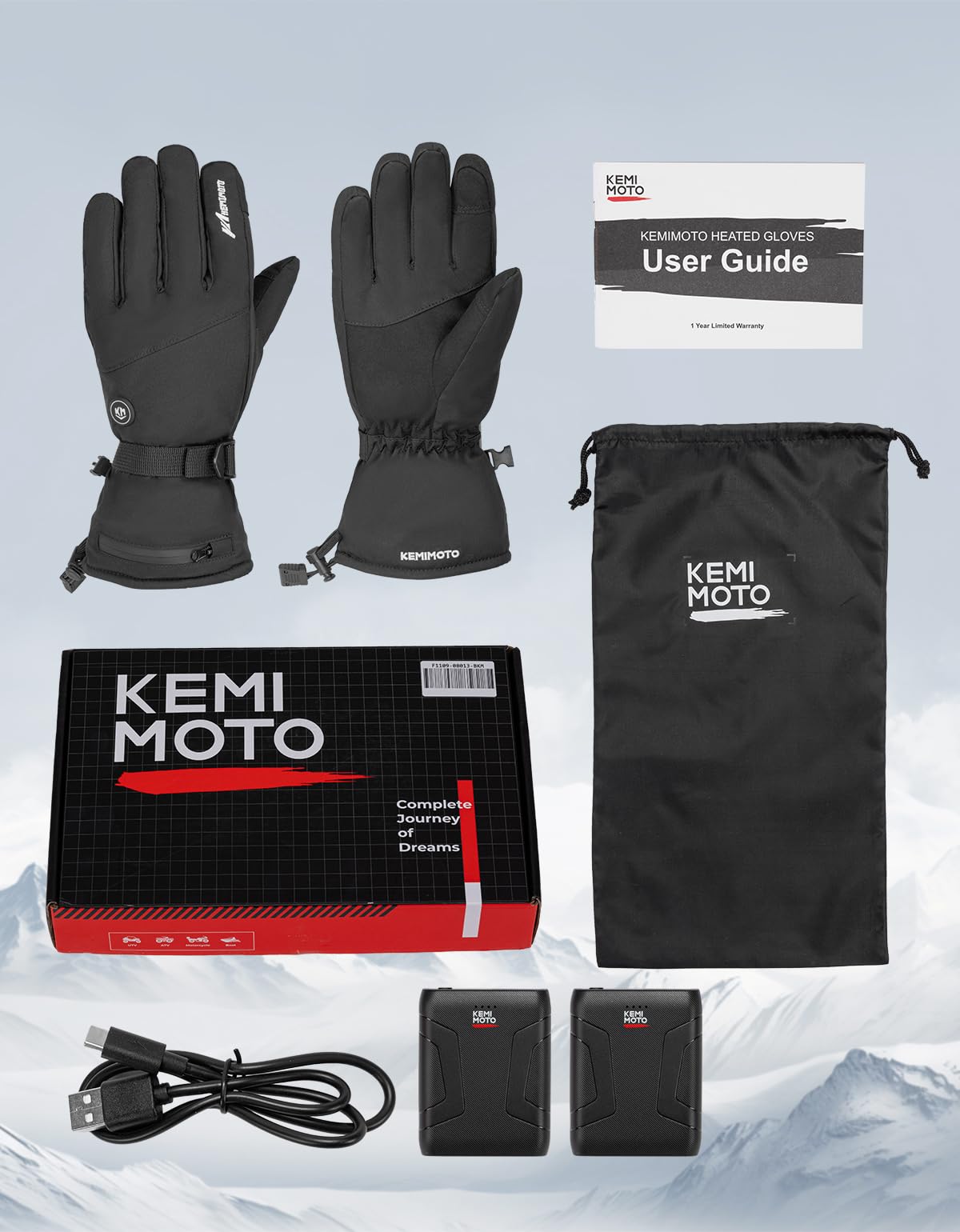 KEMIMOTO Guanti Sci Riscaldati Uomo Donna, Ricaricabili Guanti Invernali Impermeabili con 7.4v 2500 mAh Batterie, Adatti a -10°C a -5°C, Ideali per Sci Pesca Caccia Campeggio