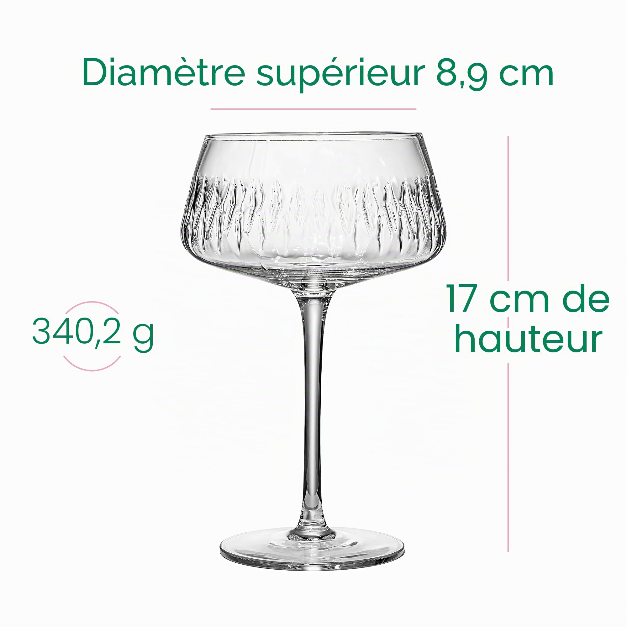 GLASSIQUE CADEAU Belles coupes vintage flamant rose pour cocktails et champagne | Lot de 4 | 340 ml Soucoupes à pied en cristal de style rétro pour boissons élégantes au bar | Collection de verrerie