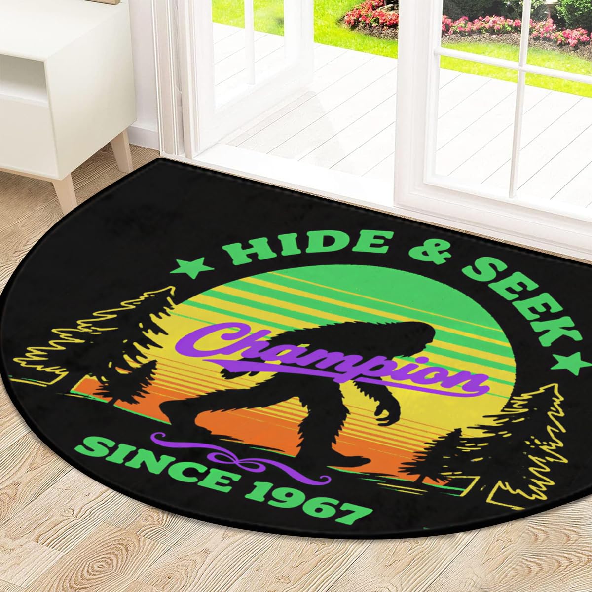 Bigfoot Hide Seek Champion große halbrunde Fußmatte – rutschfest, saugfähig, halbrund, Eingangsbereich, niedlich, weich, halbrund, waschbar, Teppich für Küche, Badezimmer, Schlafzimmer, 160 x