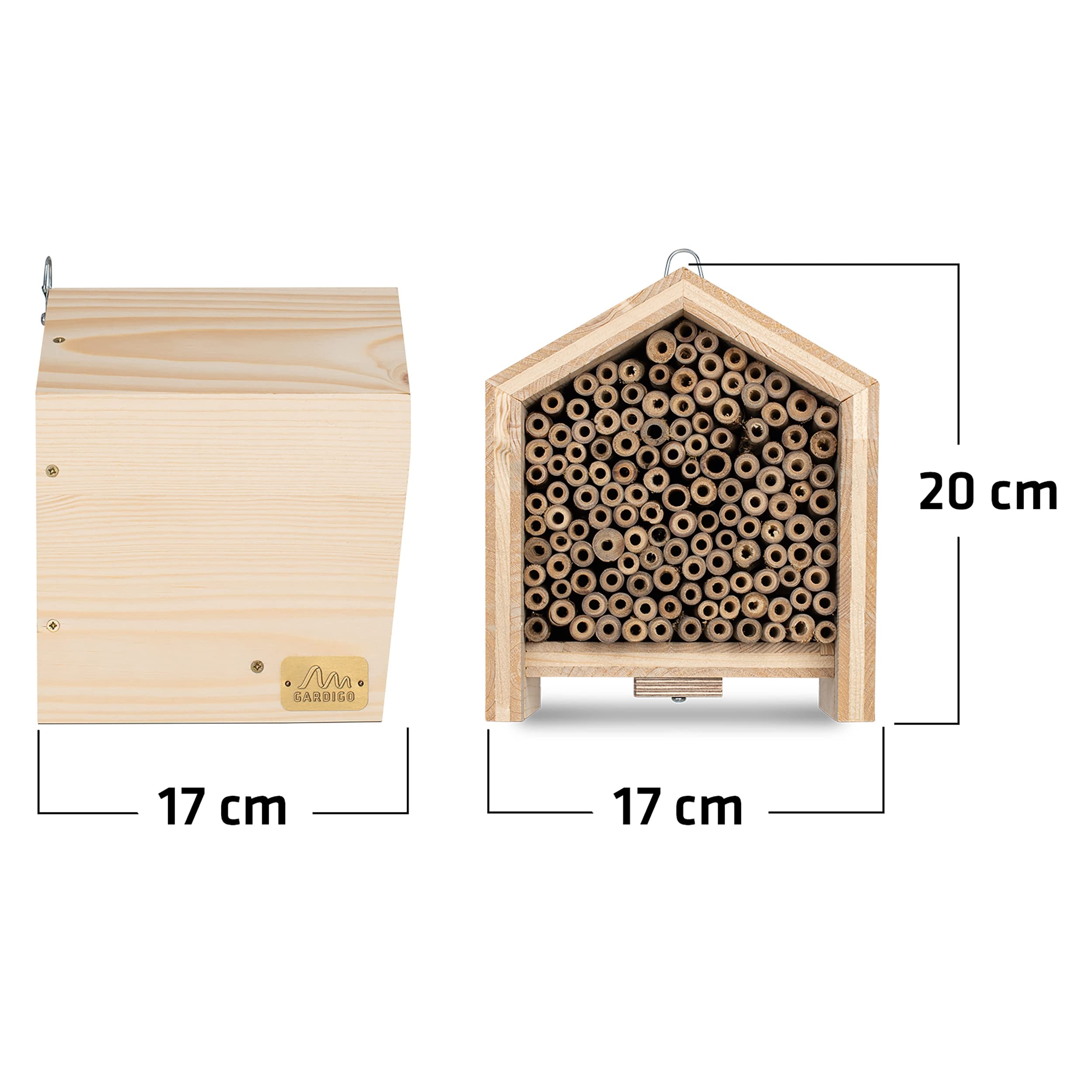 GARDIGO® Tierhaus System: Bienenhaus I Bienenhotel aus Massivholz I Made in Germany I Wildbienen Nisthilfe I Insektenhotel Nistkasten mit Bambusrohr I Wildbienenhotel mit Bambus als Füllmaterial