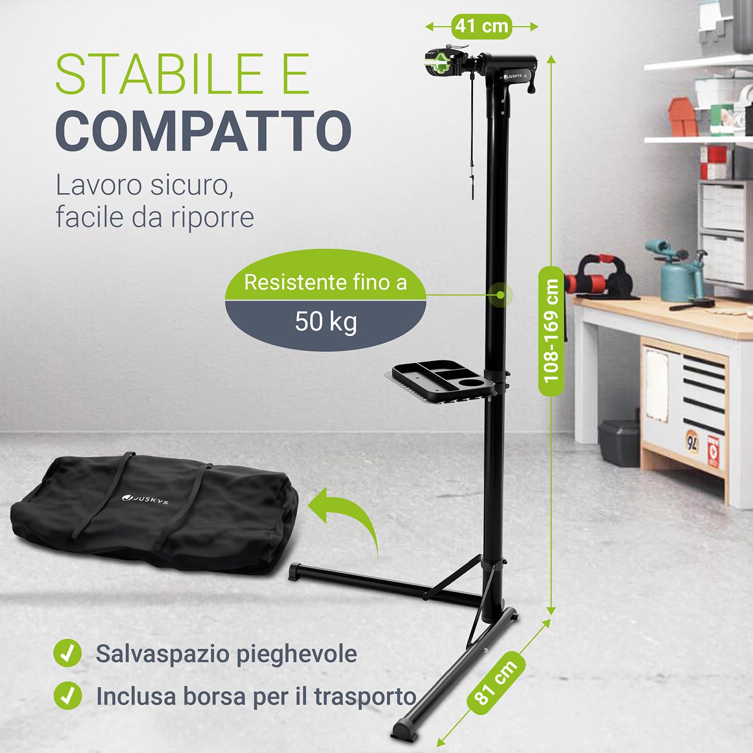 Juskys Cavalletto pieghevole per riparazione bici - Supporto regolabile in altezza con rivestimento in gomma e vassoio portautensili - Per biciclette fino a 50 kg