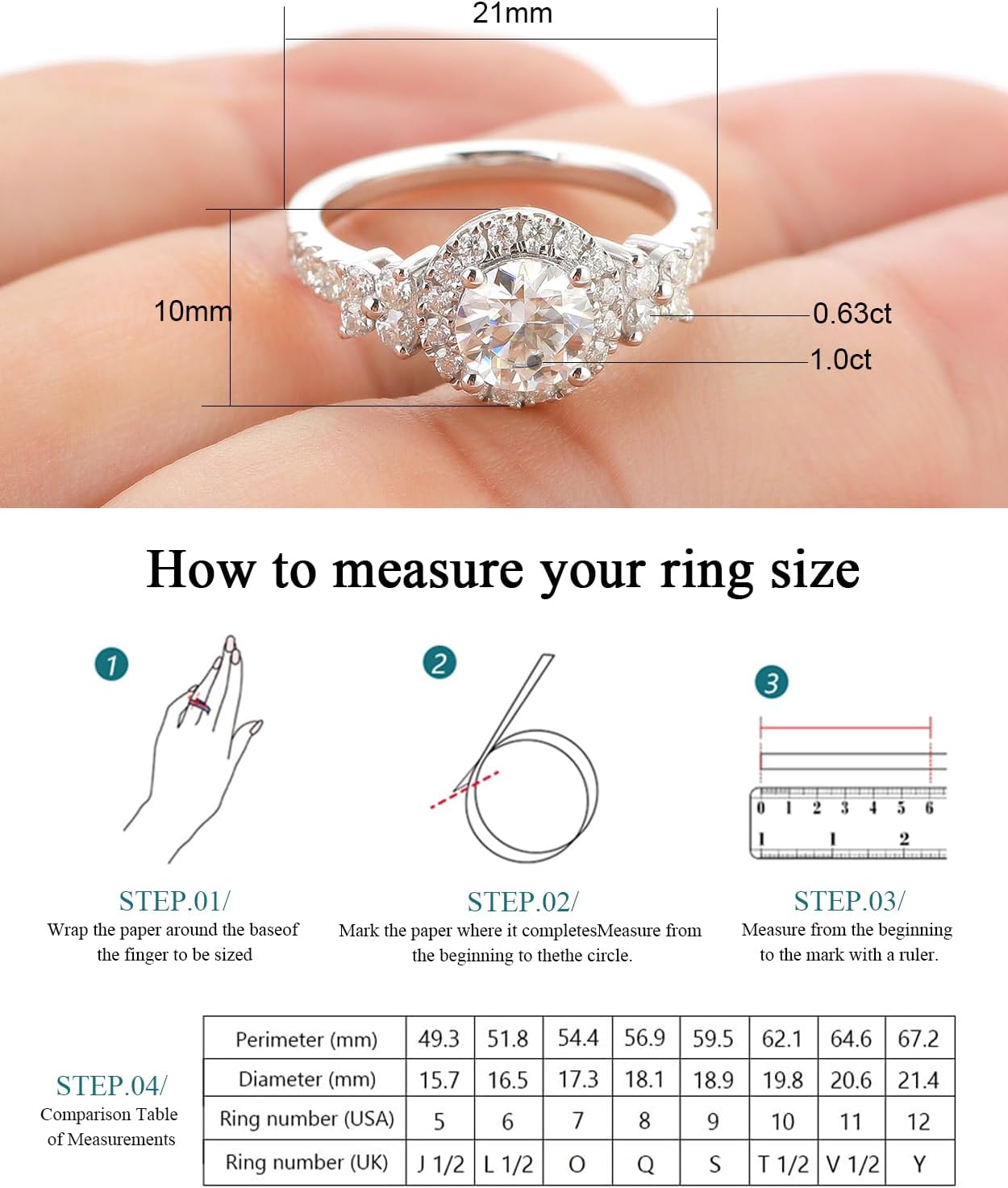 Moissanite Engagement Rings for Women, D Color VVS1 Lab Created Simulated Diamond Moissanite Rings for Women S925 Sterling Silver with 18K White Gold Plated Wedding Rings - Image 5