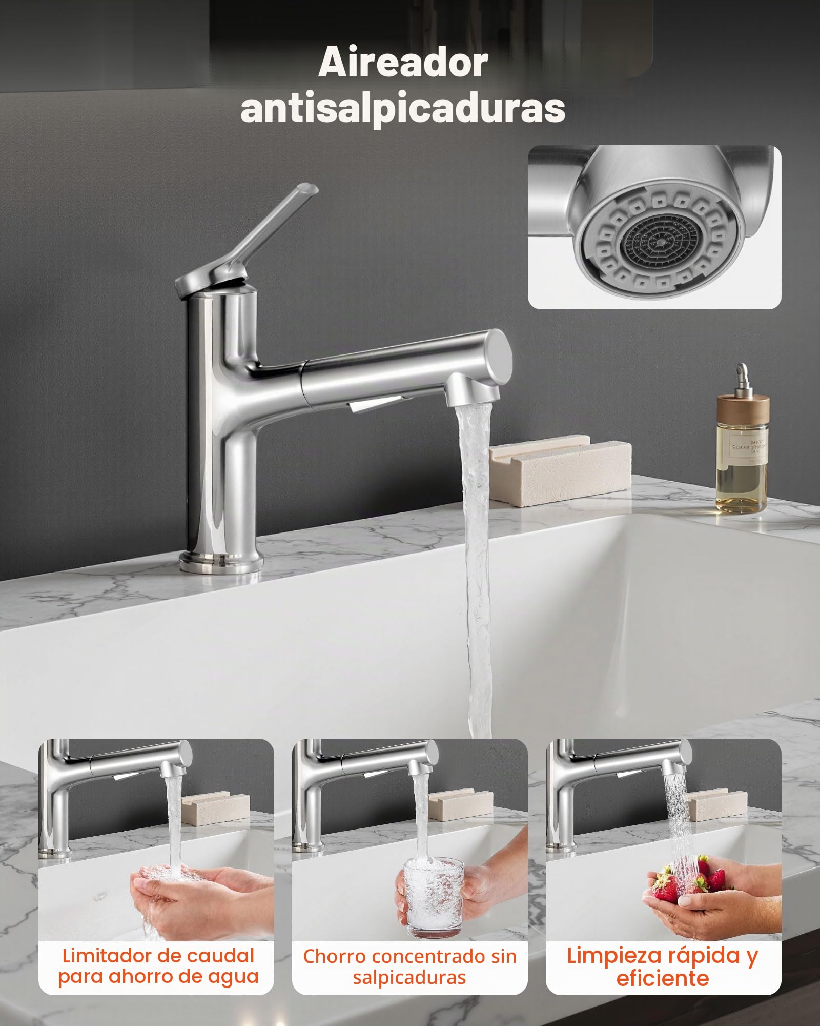 VEVOR Grifo de Lavabo en Níquel Cepillado y Acero Inoxidable, Grifo de Cocina con Rociador Extraíble, Mezclador Monomando para Baño, Caravana, Bar, Resistente a la Corrosión, 260 x 210 x 52 mm