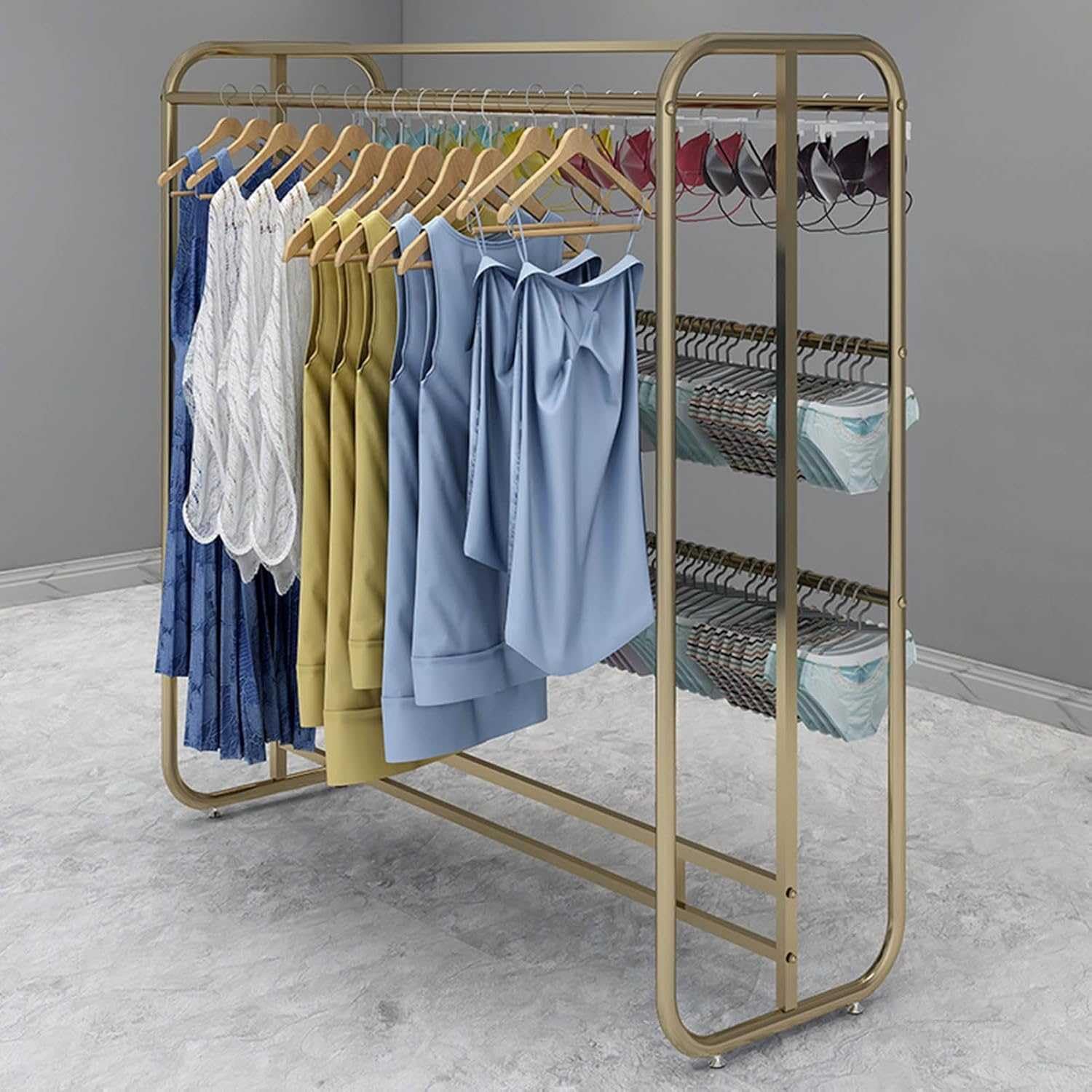 LRZPTDYU Double Row Garment Rack Display for Underwear & SwimsuitsFloor Standing Commercial Clothing Rack for Boutiques Retail Stores & Fash Displays
