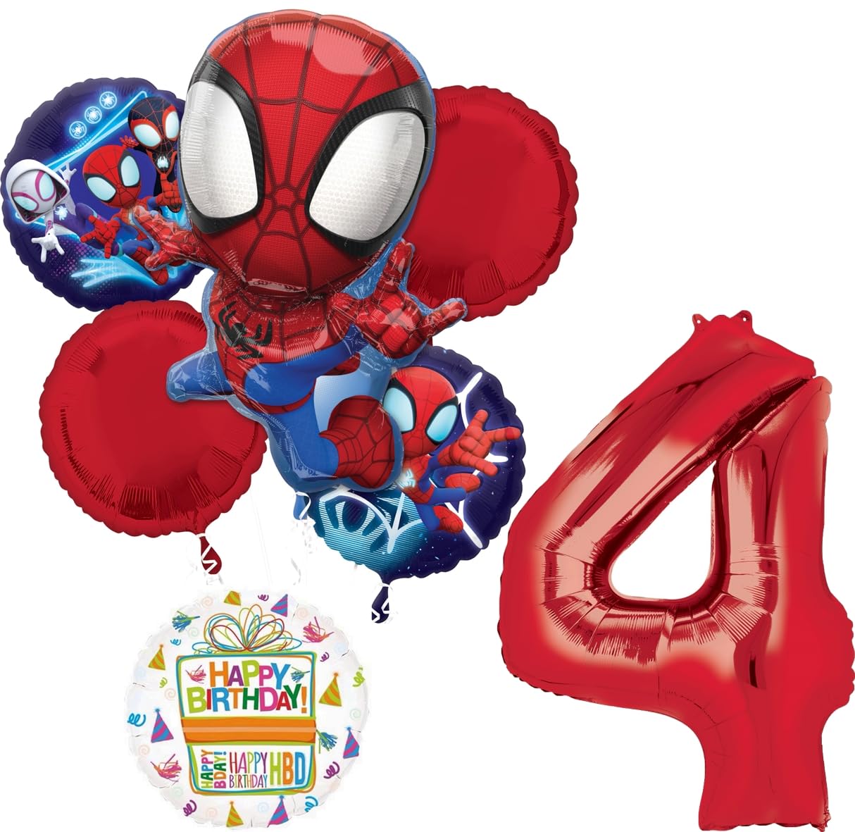 Spidey and Friends 4th Birthday Party Supplies 7pc Foil Balloon Bouquet Decorations
