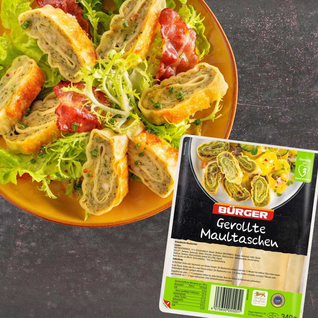 BÜRGER - Gerollte Maultaschen 6 x 340 g – Traditionell, herzhaft gefüllt, schwäbischer Genuss - vorgegart, gekühlt, ideal zum Kochen, Braten & Überbacken
