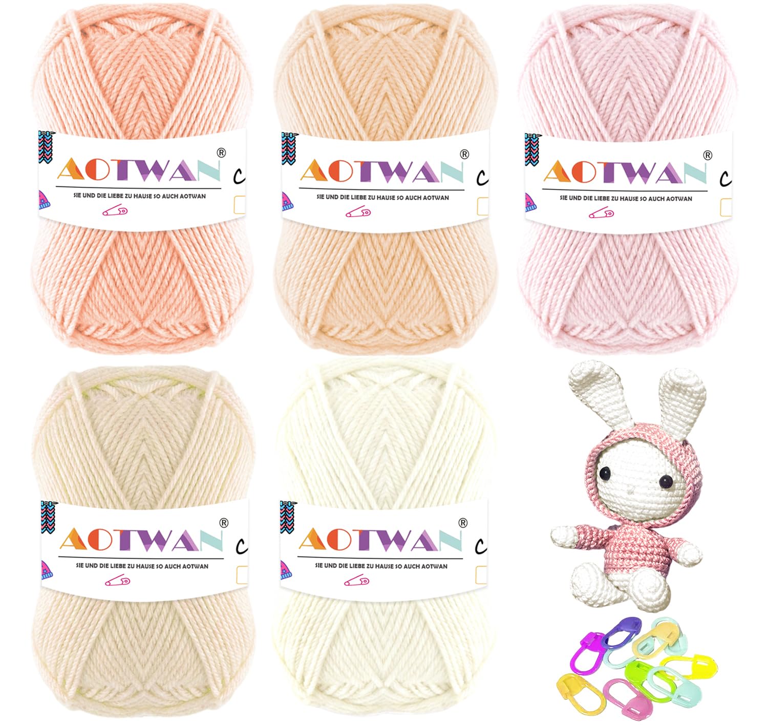 AOTWAN 250g Crochet Yarn Wool for Crochet 5 Colours x 50g Pastel Lovely Wool Yarn Crochet for Beginners with 10 Stitch Markers