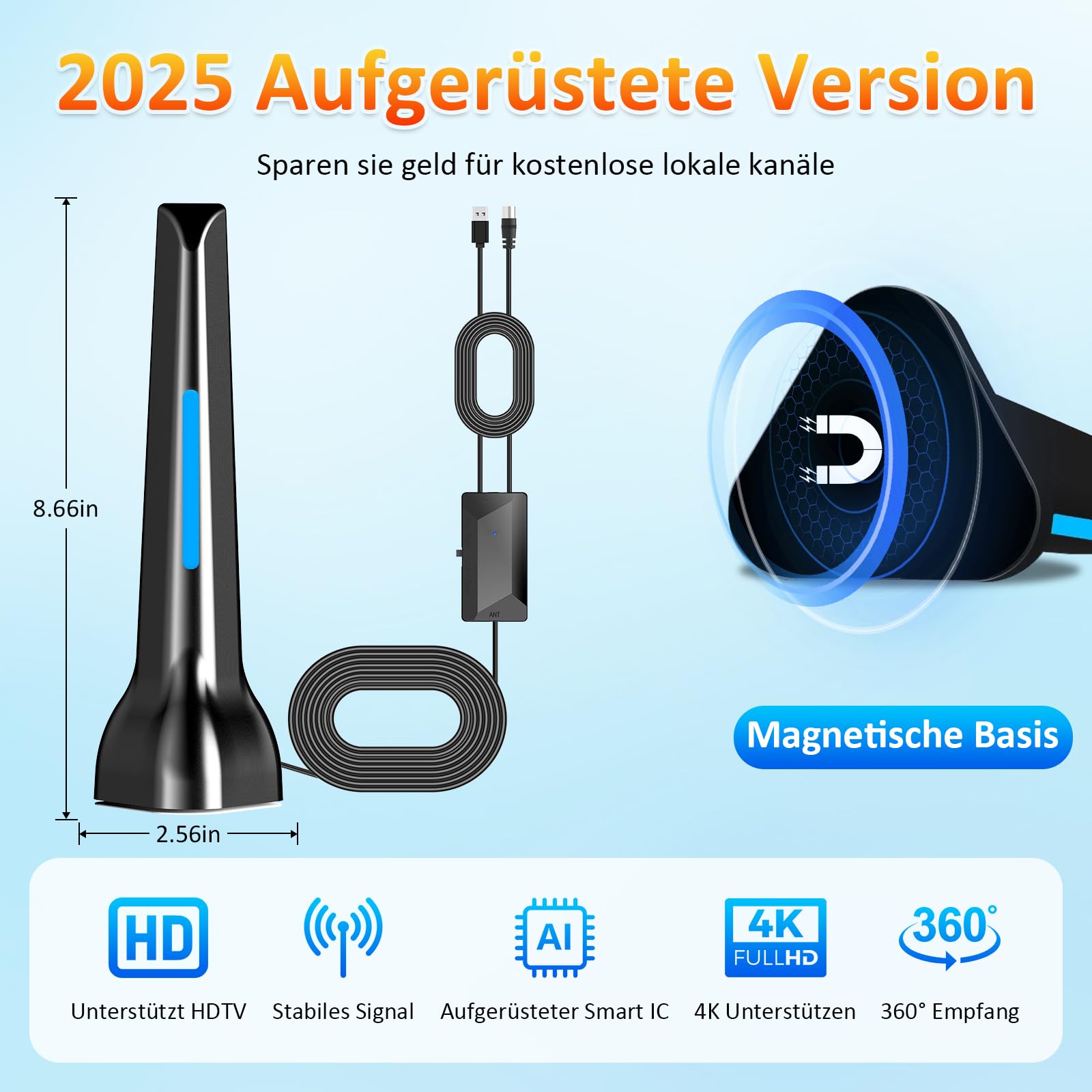 Antena DVBT2, antena DVB-T y DVB-T2 con amplificador, gran alcance y recepción de 360°, antena interior para televisores con base magnética fuerte, adecuada para cables 4K 1080p y todos los