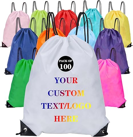 Custom Bags With Your Logo Set of 100 Custom Backpack Draw String Bags Pack Bulk for Travelling Swimming Gym Everyday Use (White)