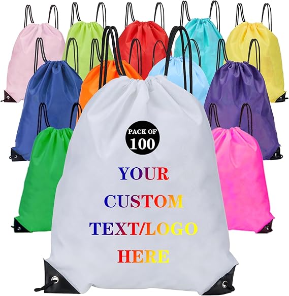 Custom Bags With Your Logo Set of 100 Custom Backpack Draw String Bags Pack Bulk for Travelling Swimming Gym Everyday Use (White)