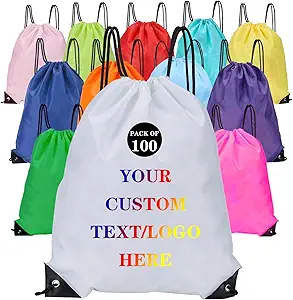 Custom Bags With Your Logo Set of 100 Custom Backpack Draw String Bags Pack Bulk for Travelling Swimming Gym Everyday Use (White)