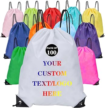 Custom Bags With Your Logo Set of 100 Custom Backpack Draw String Bags Pack Bulk for Travelling Swimming Gym Everyday Use (White)