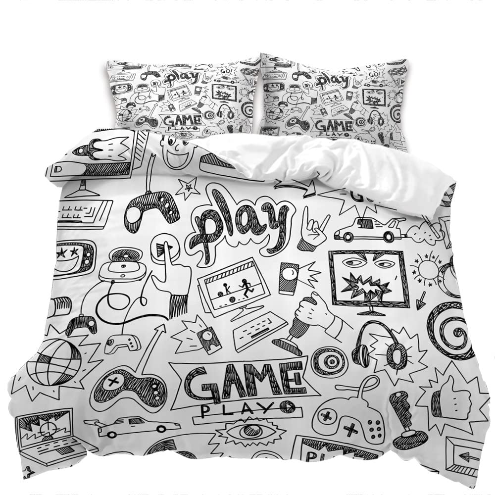 Stillshine. Funda Nordica Cama 90/105/135/150 Juvenil Niños Niñas Game Player Gamepad Controlador Blanco Negro Microfibra Funda de Almohada 2/3 Piezas Juego De Cama (Color 1,Cama 105 200x200 cm)