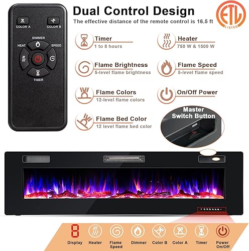 Miniatura 5 de COSTWAY Chimenea eléctrica ultrafina de 60 pulgadas, 750 W/1500 W, chimenea eléctrica empotrada y montada en la pared con control remoto,