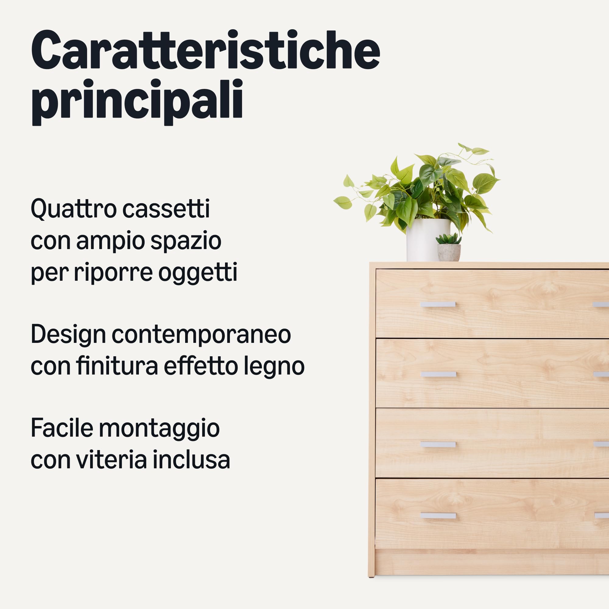 Amazon Basics, Cassettiera, Mobile per Camera da Letto a 4 Cassetti, Comò, Cassettone, Acero, 40cm x 75cm x 74cm