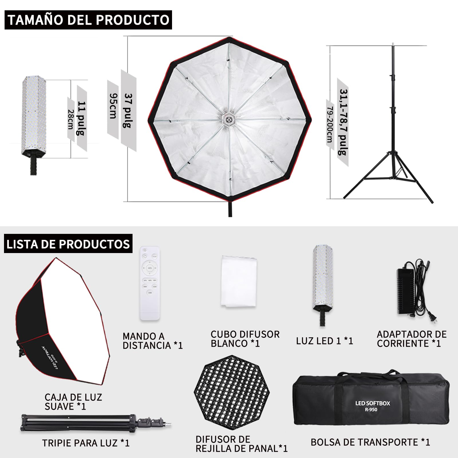 110W Softbox - Kit de iluminación para fotografía (95 cm, parabólico octogonal, rejilla de panal, mando a distancia, soporte de luz, para fotografía, estudio, fotografía de retratos
