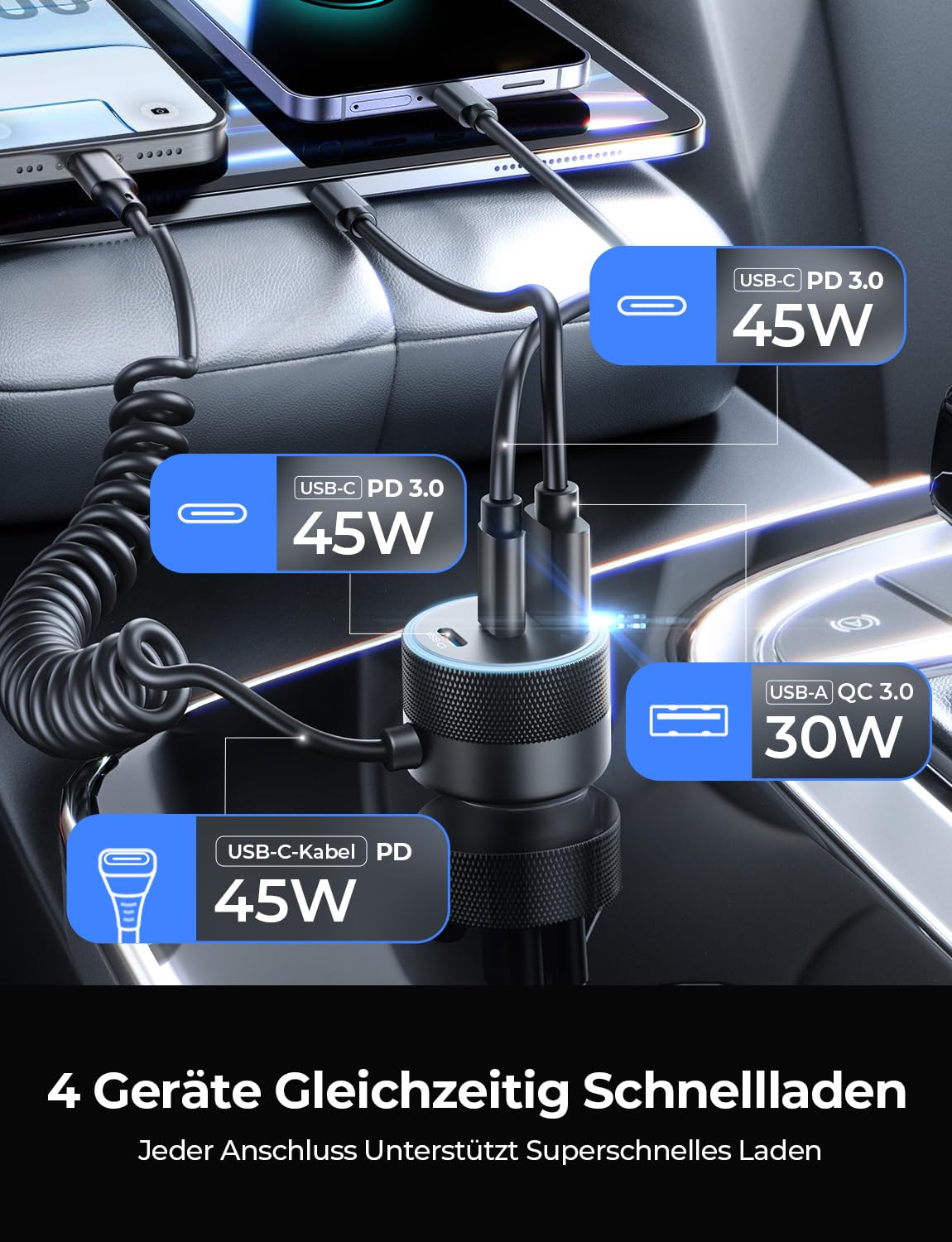 LISEN 90W USB C Auto Ladegerät Zigarettenanzünder, mit PD 45W USB C Spiralkabel, Hält den Auto Deko Innenraum ordentlich, Ideal zum Schnellladen 4 Geräten, für iPhone 17 Pro Max, MacBook Neo, Android