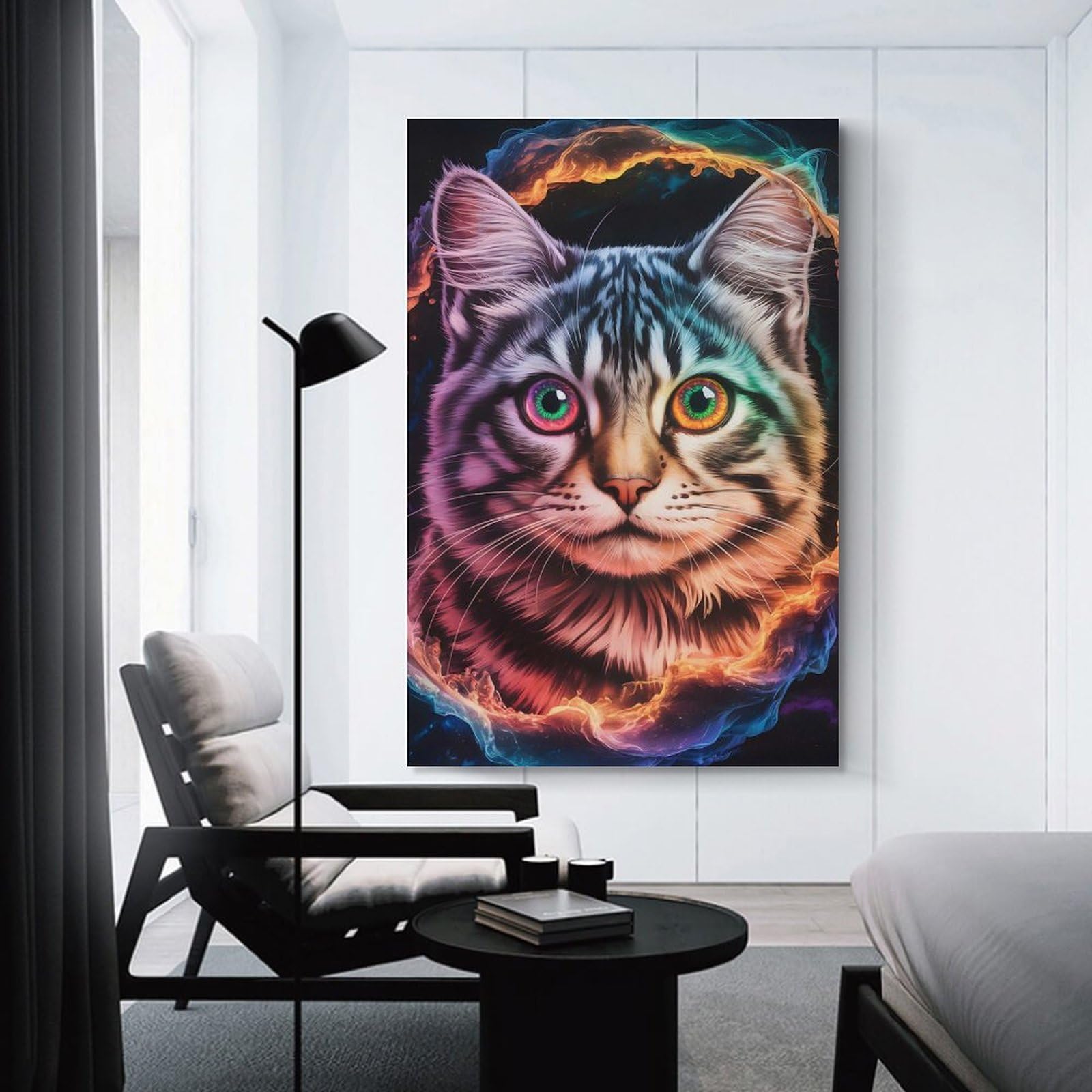 Junmoney Colorful Cat Portrait with Abstract Background Canvas Wall Art, 08x12inch(20x30cm), for Wall Displays, Bedrooms Or Room Updates, Ideal for Building A Coordinated Art Wall