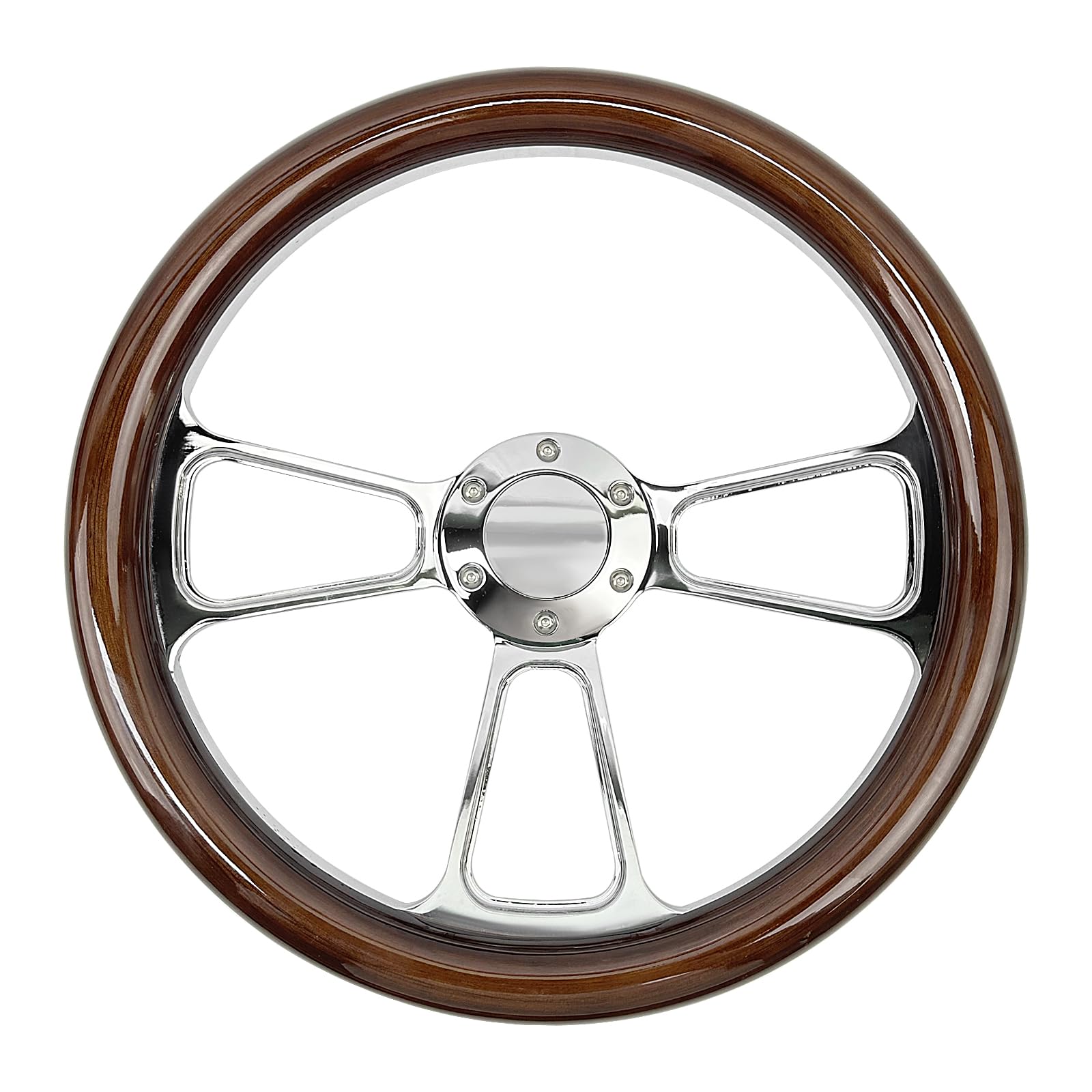 14 Inch Wooden Racing Steering Wheel - 6 Bolt Black Aluminum Spoke, Vintage Wood Grain, Universal Fit For Race/Rally