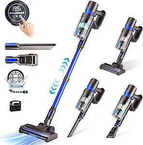 Cordless Vacuum Cleaner, 550W 45KPA 50Min Vacuum Cleaners for Home, Self-Standing Stick Vacuum with Touch Screen, 3 Power Modes, Rechargeable Battery, Handheld Vacuum for Pet Hair Carpet Floor