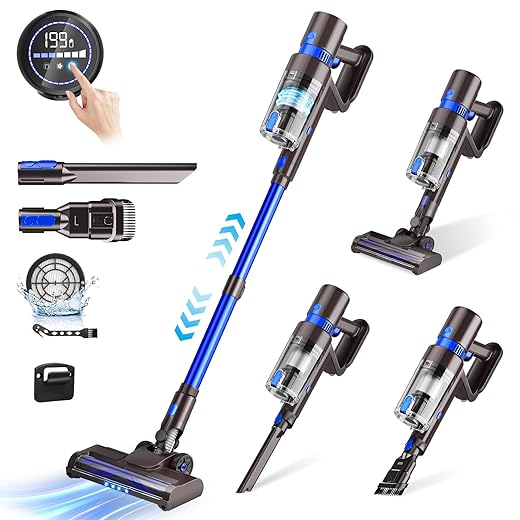 Cordless Vacuum Cleaner, 550W 45KPA 50Min Vacuum Cleaners for Home, Self-Standing Stick Vacuum with LED Screen, 3 Power Modes, Longlasting Battery, Handheld Vacuum for Pet Hair/Carpet/Floor