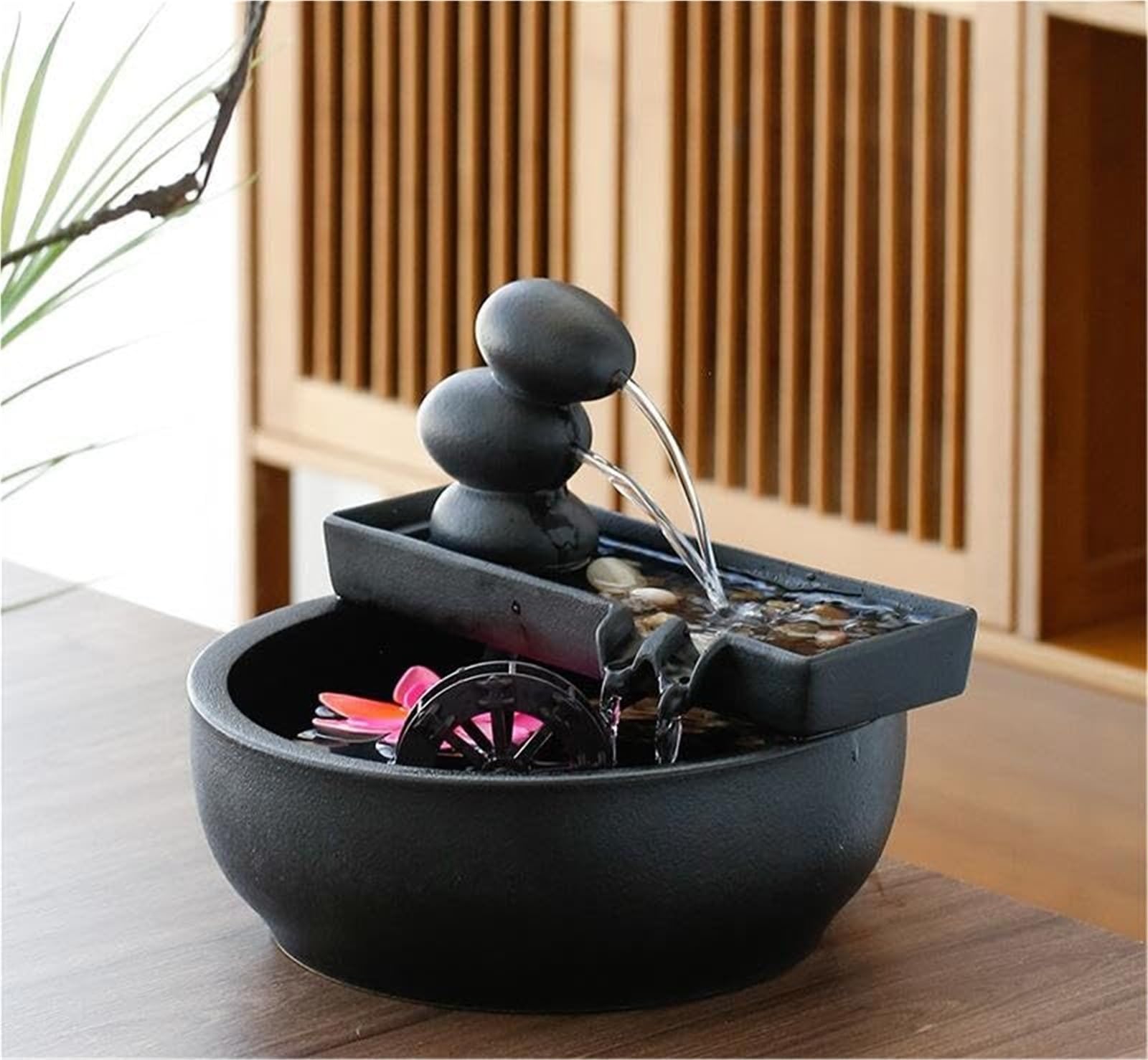 Fuente decorativa de jardín, fuente de agua con cascada, de cerámica, diseño de bambú, con iluminación LED, función humidificadora, bomba de agua, Feng Shui Zen, decoración para salón, oficina, jardín