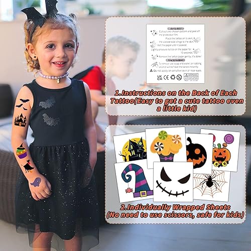 Miniatura 2 de Partywind 204 hojas envueltas individualmente, tatuajes de Halloween para suministros de fiesta de niños, decoraciones de fantasma de calabaza de