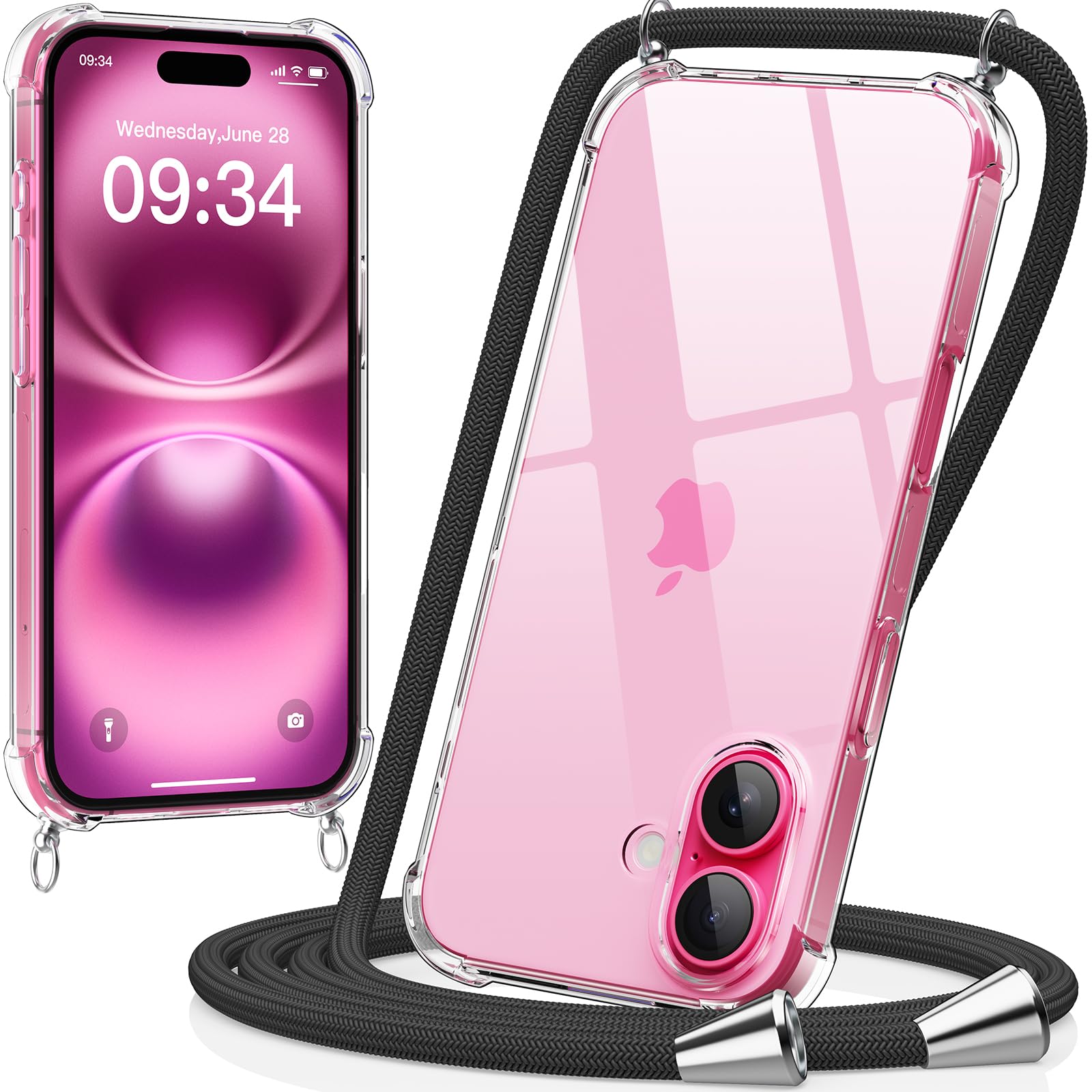 caslord Handyband Hülle mit Band Für iPhone 16 6.3 Zoll- Necklace Transparent Handyhülle Case mit Strap Schnur Abnehmbar, Schutzhülle zum Umhängen Kordel, Schwarz