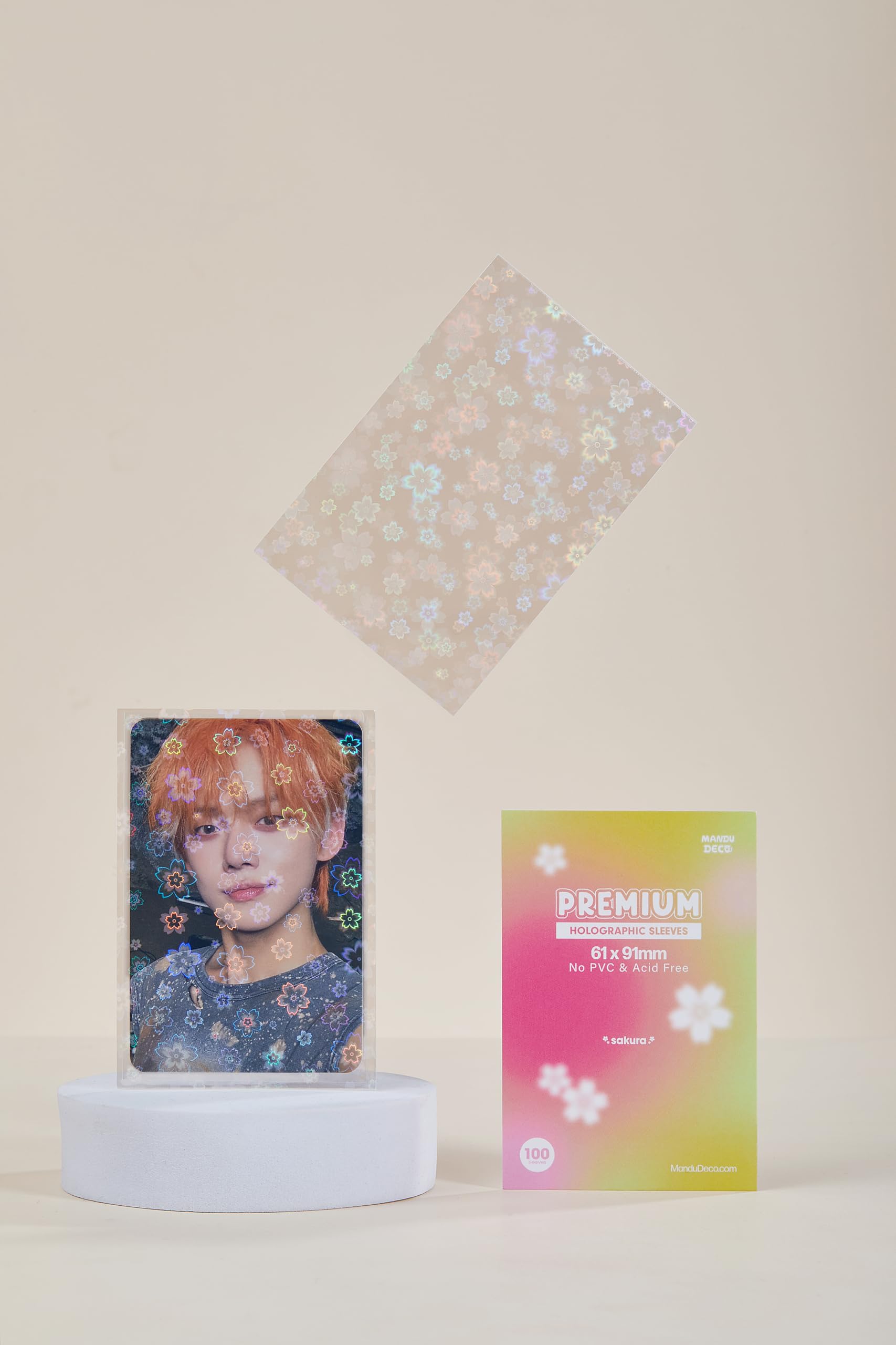 Amazon.com : Mandu Deco Sakura Cherry Blossom Flower Holographic Kpop  Photocard Sleeves Card Protector PVC Free and Acid Free Shield Cover 100  Sleeves per Pack (61x91mm (for Double sleeving)) : Office Products
