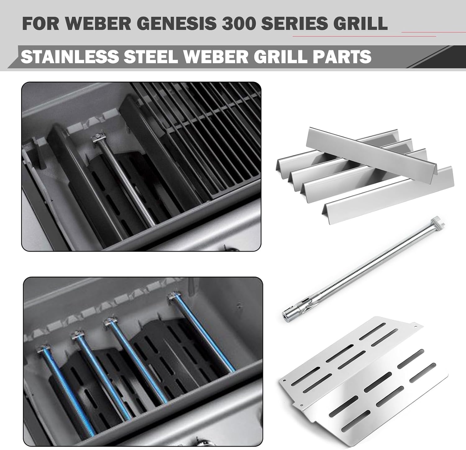 Genesis E-330 Grill Replacement Parts 4 Burners for Weber Genesis S-330 E-310 EP-330 Grill Part 7621 Flavorizer Bars 65505 Heat Deflector 62752 Genesis 330 Sear Burner Tube Front Control 300 Series