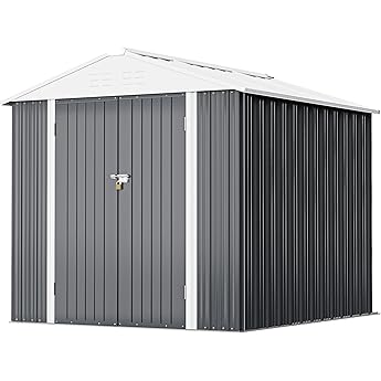 Greesum Metal Outdoor Storage Shed 8FT x 6FT, Steel Utility Tool Shed Storage House with Door & Lock, Metal Sheds Outdoor Storage for Backyard Garden Patio Lawn (8’x 6'), Brown