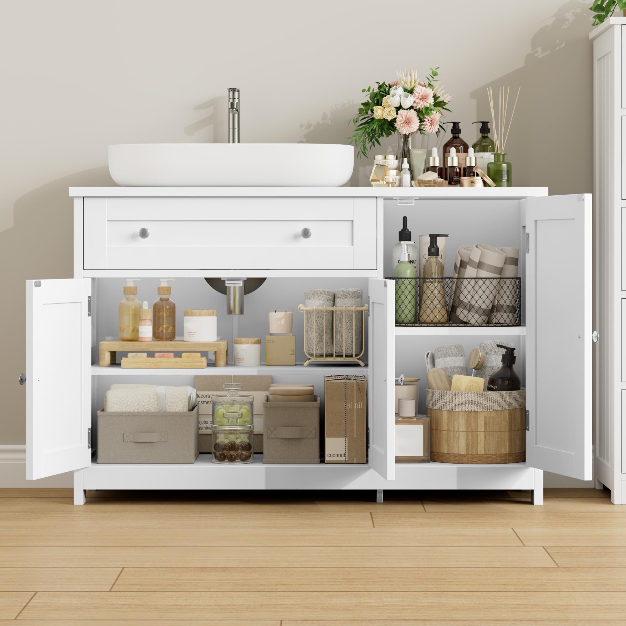 FOREHILL 90cm Mueble Bajo Lavabo, Mueble Baño, Blanco, 90x30x61,5cm | Mueble Lavabo con Pie, con 3 Puertas, 1 Cajón, Estantes Ajustables