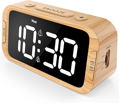 Reloj despertador digital dual para dormitorio, 0-100% atenuador, modo día de semanafin de semana, fácil de configurar, cargador USB, volumen de