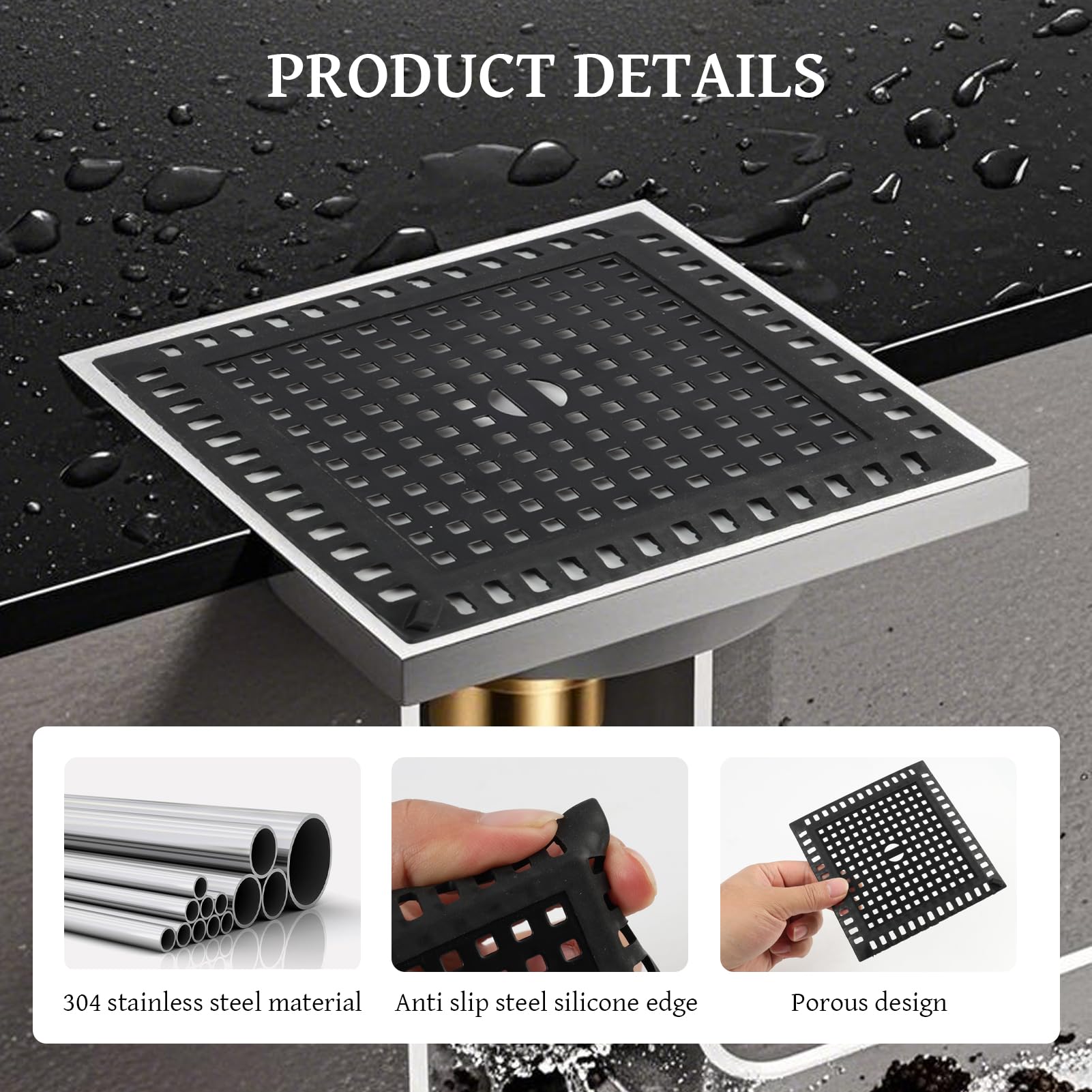 Colador de desagüe de ducha de 12 x 12 cm de acero inoxidable con borde de silicona – Colador para el pelo para ducha, lavabo y bañera, evita la obstrucción de desagües, inoxidable, fácil de limpiar