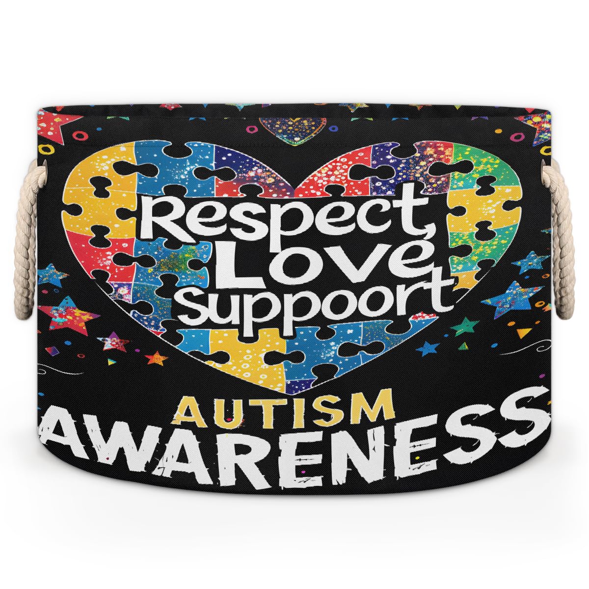 Large Round Laundry Basket Autism Rainbow Star Heart Toy Bins Organizers and Storage for Girls Canvas Collapsible Blanket Storage Basket Laundry Hamper Gift Baskets Bedroom Clothes Children Nursery