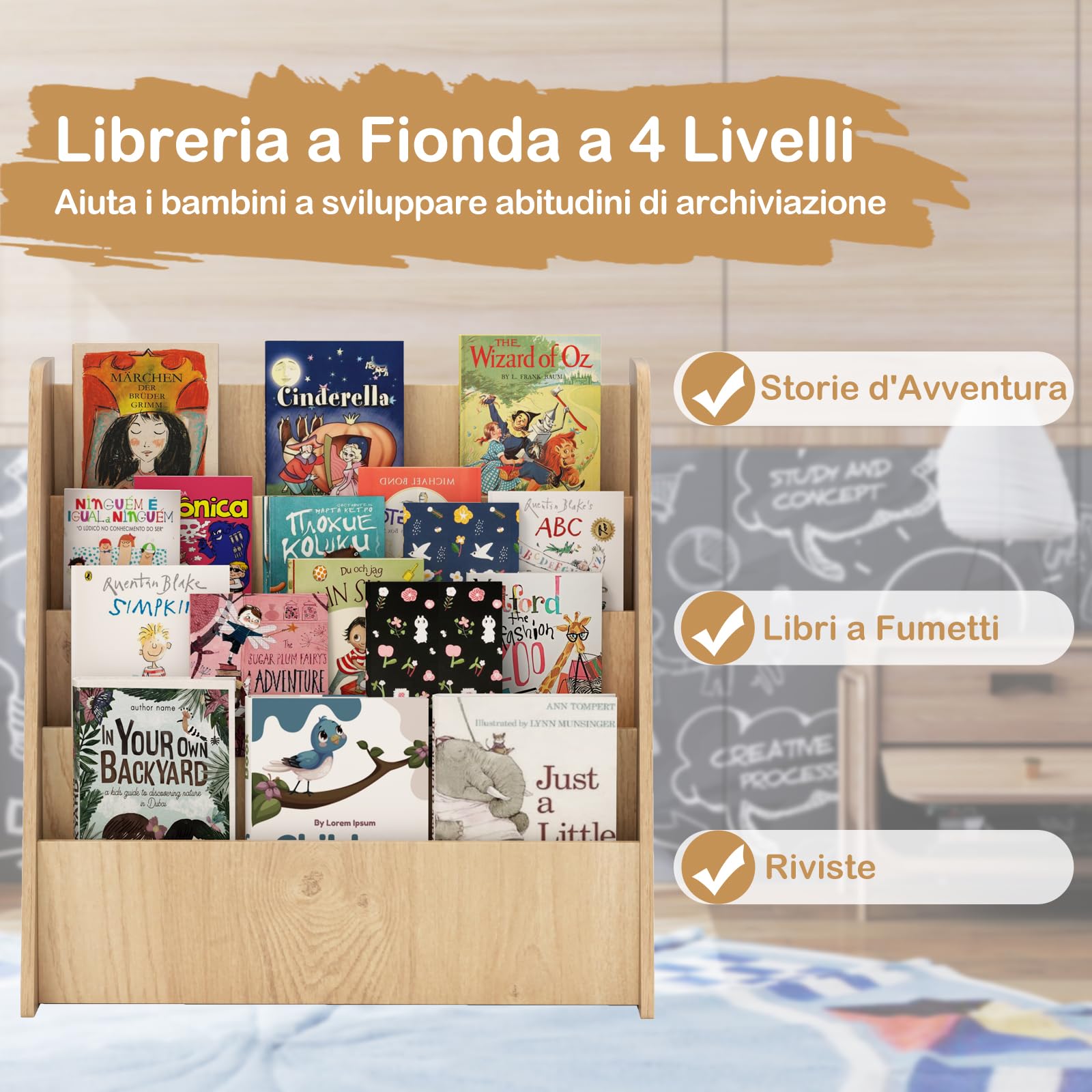GYMAX Libreria per Bambini in Legno a 4 Ripiani, Scaffale per Libri con Ripiani Profondi, Espositore per Libri, per Cameretta dei Ragazzi, Soggiorno, Asilo Nido, 57,5 x 26,5 x 59 cm (Naturale)