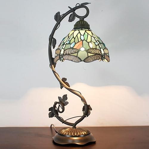 Miniatura 2 de WERFACTORY Tiffany - Lámpara de lectura de escritorio estilo libélula de color azul marino, base de lámpara de mesa de hoja de metal, 8 x 10 x 21
