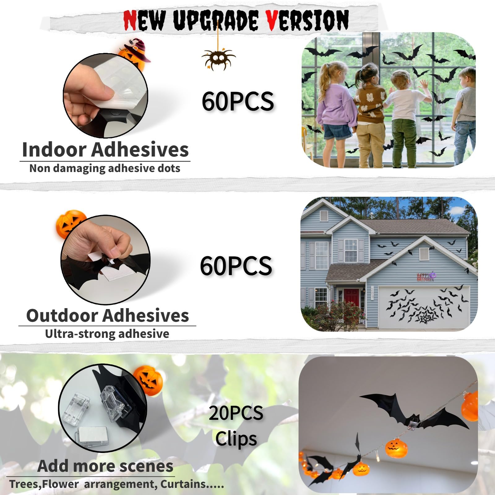 Decorazione da parete con pipistrelli di Halloween, 60 pezzi, decorazioni 3D in plastica con 20 clip per feste, riutilizzabili, fai da te, decorative, in PVC, nero, spaventoso, grandi adesivi per