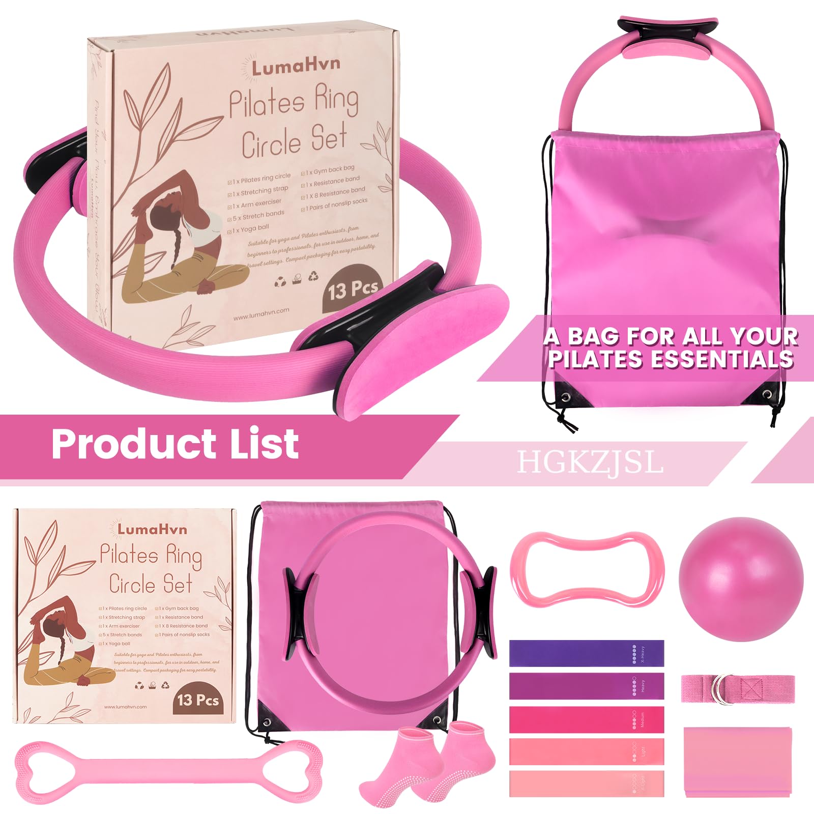 HGKZJSL Pilates Ring Essentials Kit for Women, Home Workout Equipment Set with 9.8” Ball, Resistance Bands, Magic Circle, Accessories, Pilates Set for Beginners, Toning, Fitness Gift Idea (Pink)