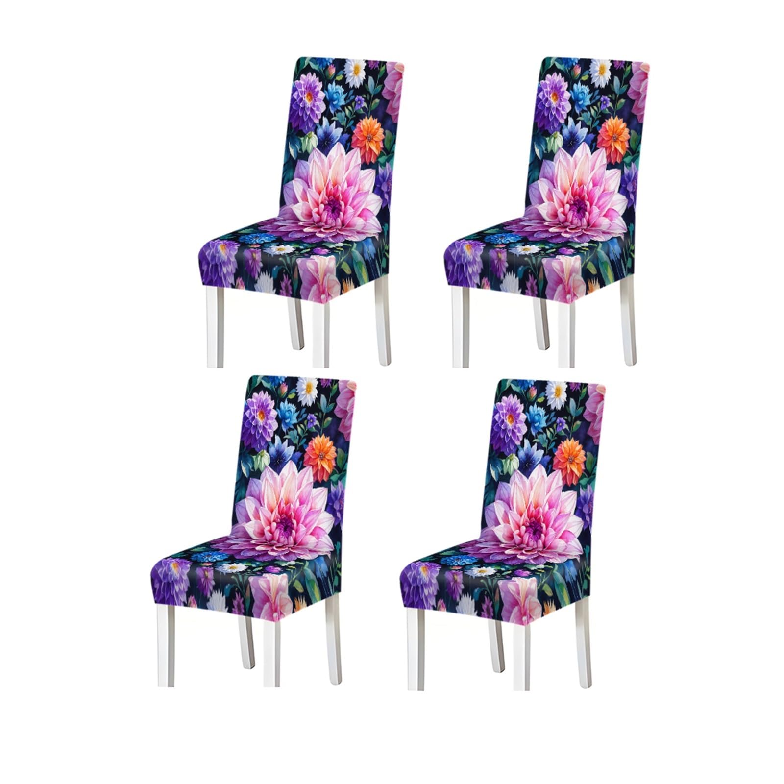 KXUAUV Watercolor Colorful Dahlia Floral Pattern Print Dining Chair Covers Set Of 2/4/6, Stretch Slipcovers For Kitchen Dining Room Seat Protectors for Restaurant Hotel Party(4PCSChair cover)