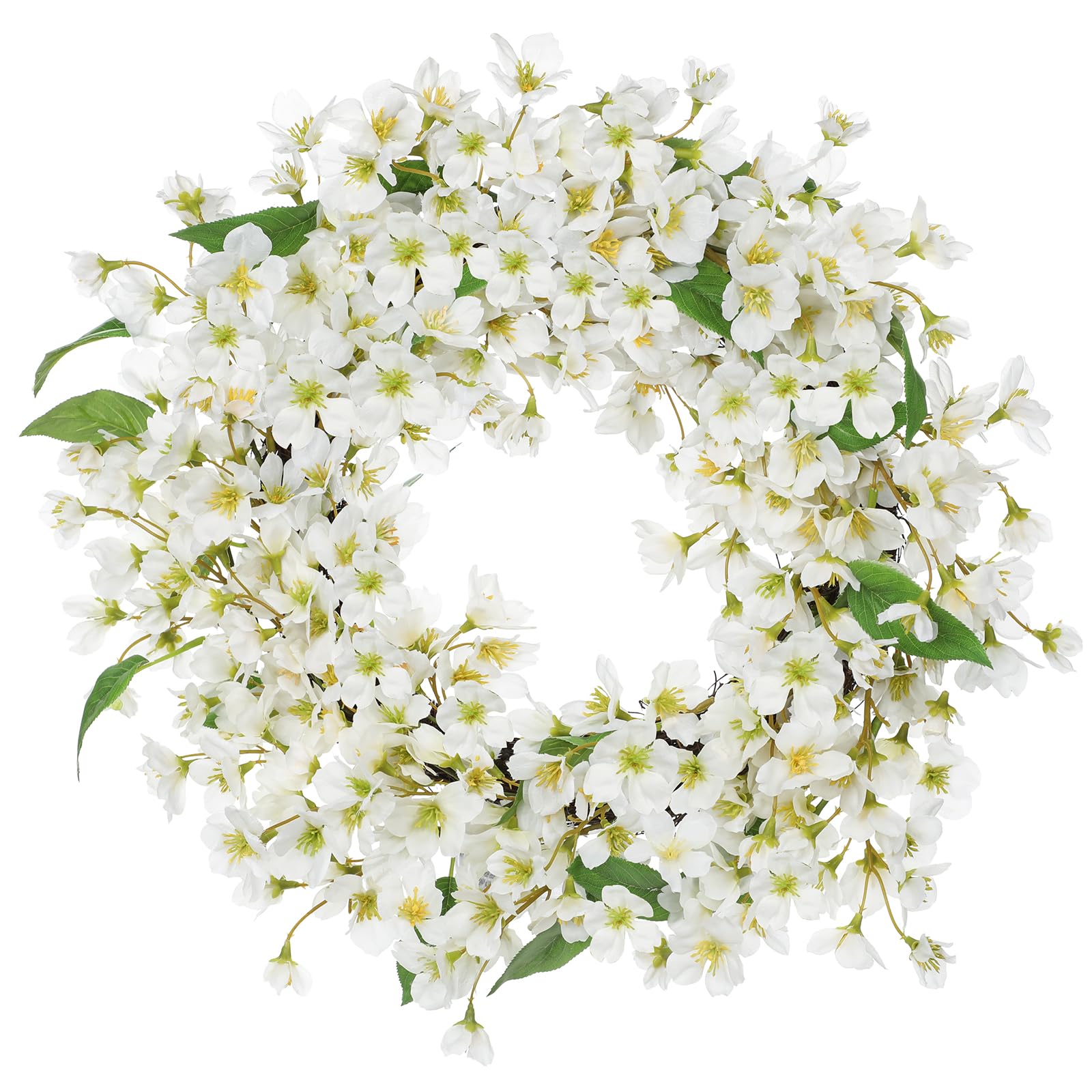 Hollyone 16inch/41cm Artificial Cherry Blossom Wreath for Front Door Spring Floral Wreath White Fake Flower Decorations for Mantle Window