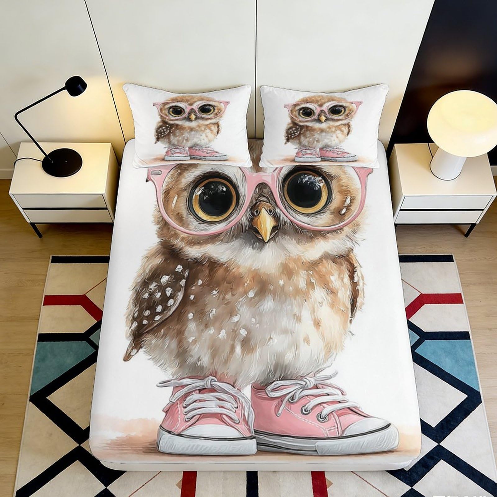 3D Printed Cute Owl Fitted Sheet Microfiber Cartoon Animal Glasses Mattress Cover for Bedroom Dorm Easy Care 180x200x25cm