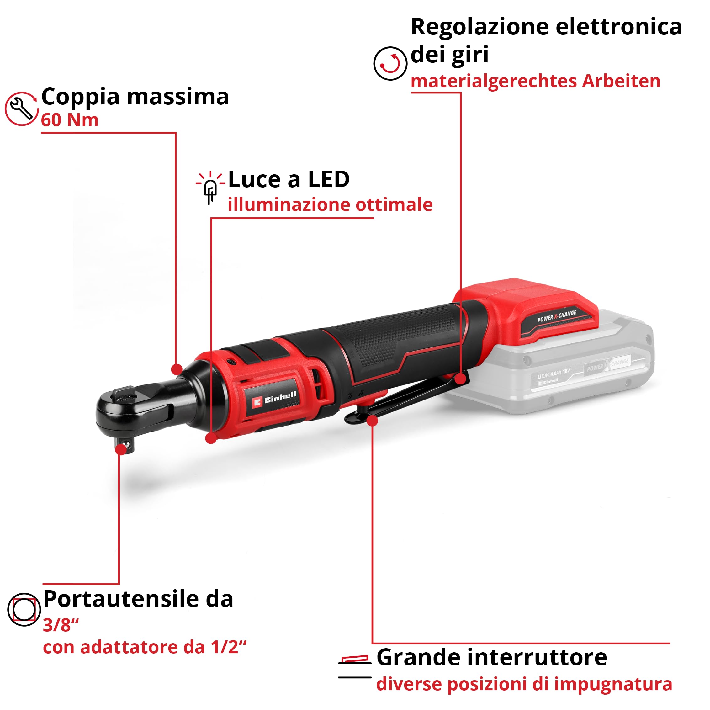 Einhell Avvitatore a cricchetto a batteria TE-RW 18/60 Li-Solo Power X-Change (18 V, 60 Nm, portautensile 3/8", rotazione a sinistra/a destra, luce a LED, con adattatore da 1/2", senza batteria)