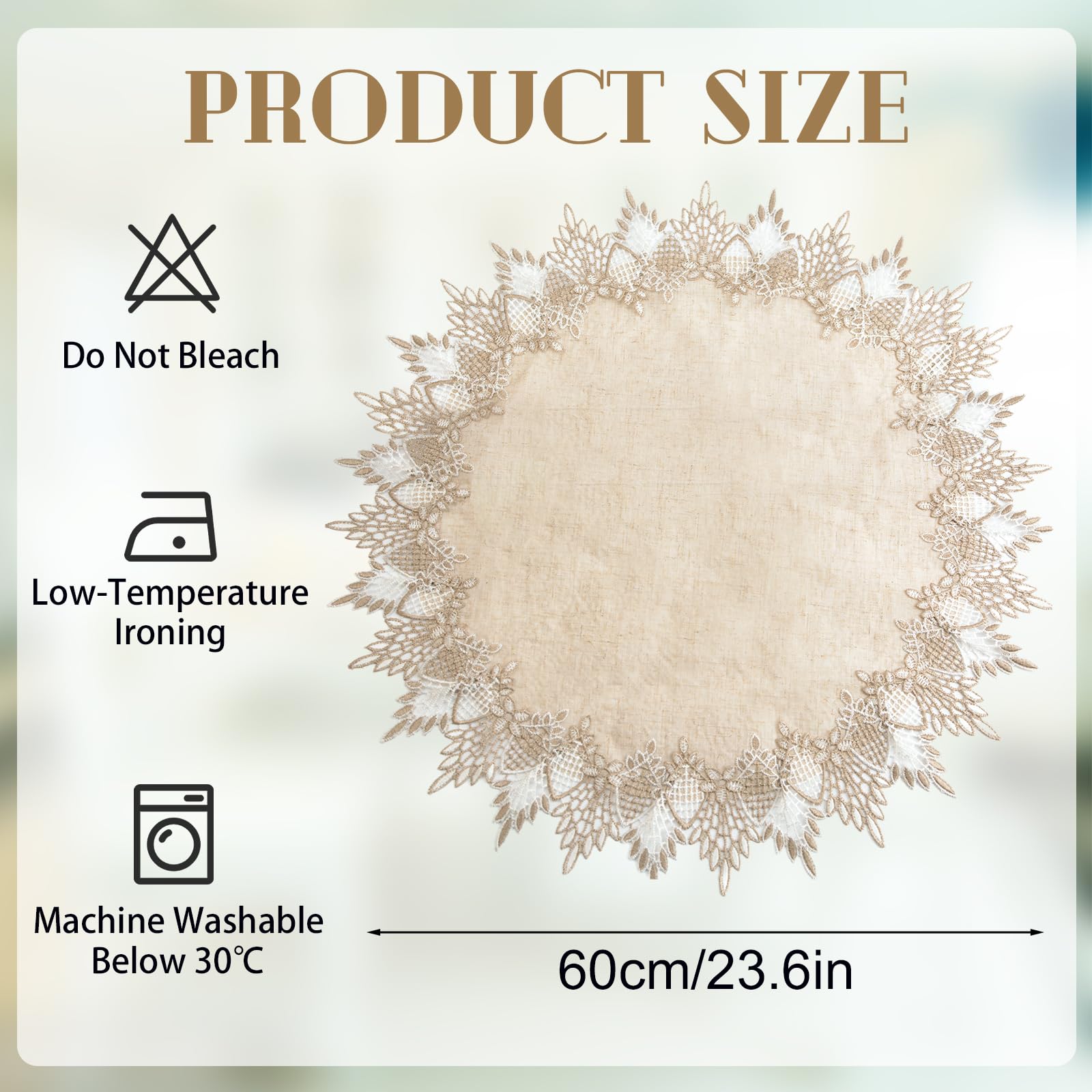 URROMA Polyester Round Doily, 60cm*60cm Beige Table Cover with Lace Trim - Image 3
