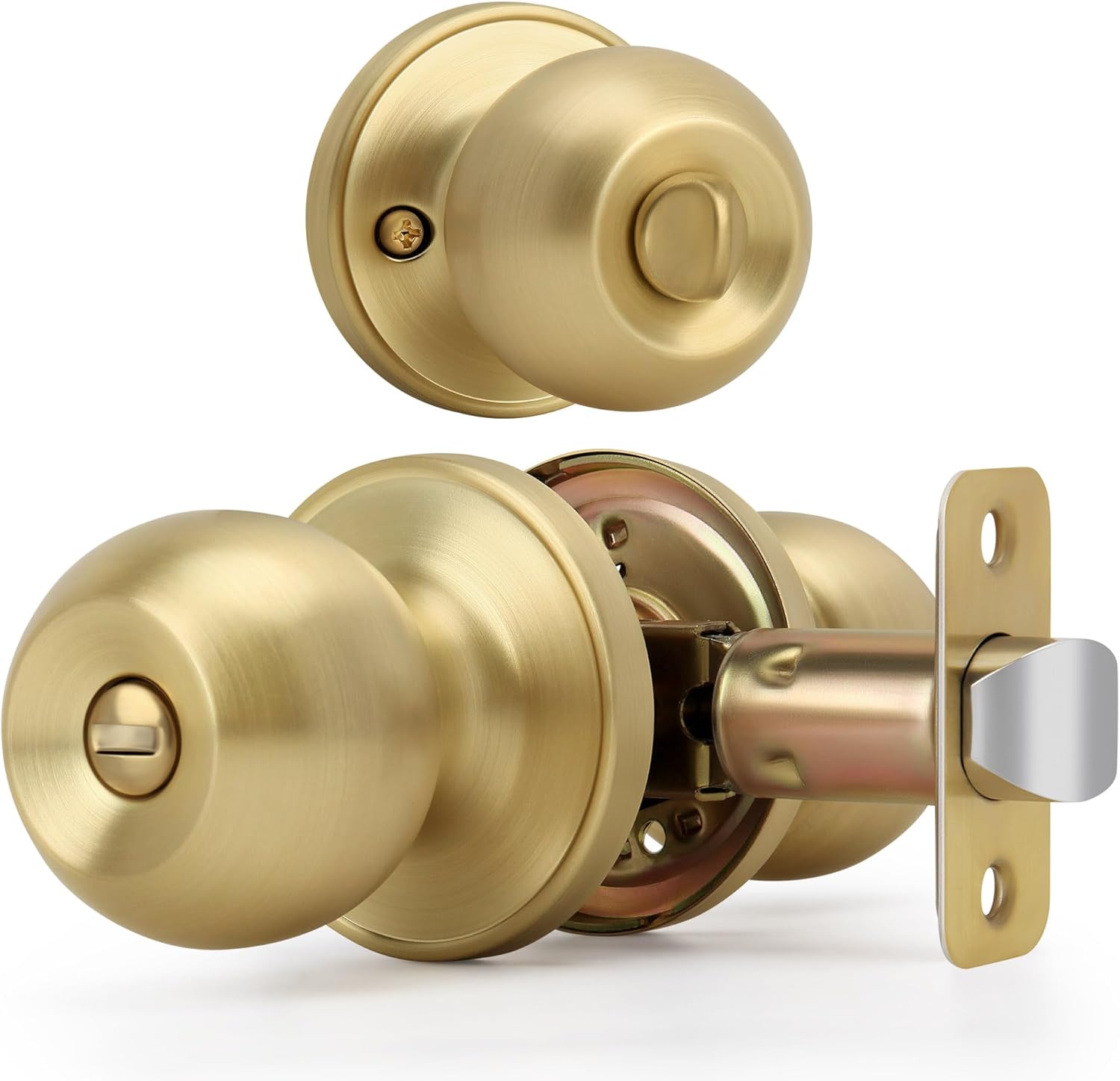Brushed Gold Ball Design Door Knob with Lock, Privacy Round Shaped Keyless Doorknob for Bathroom/Bedroom, Satin Brass Finish