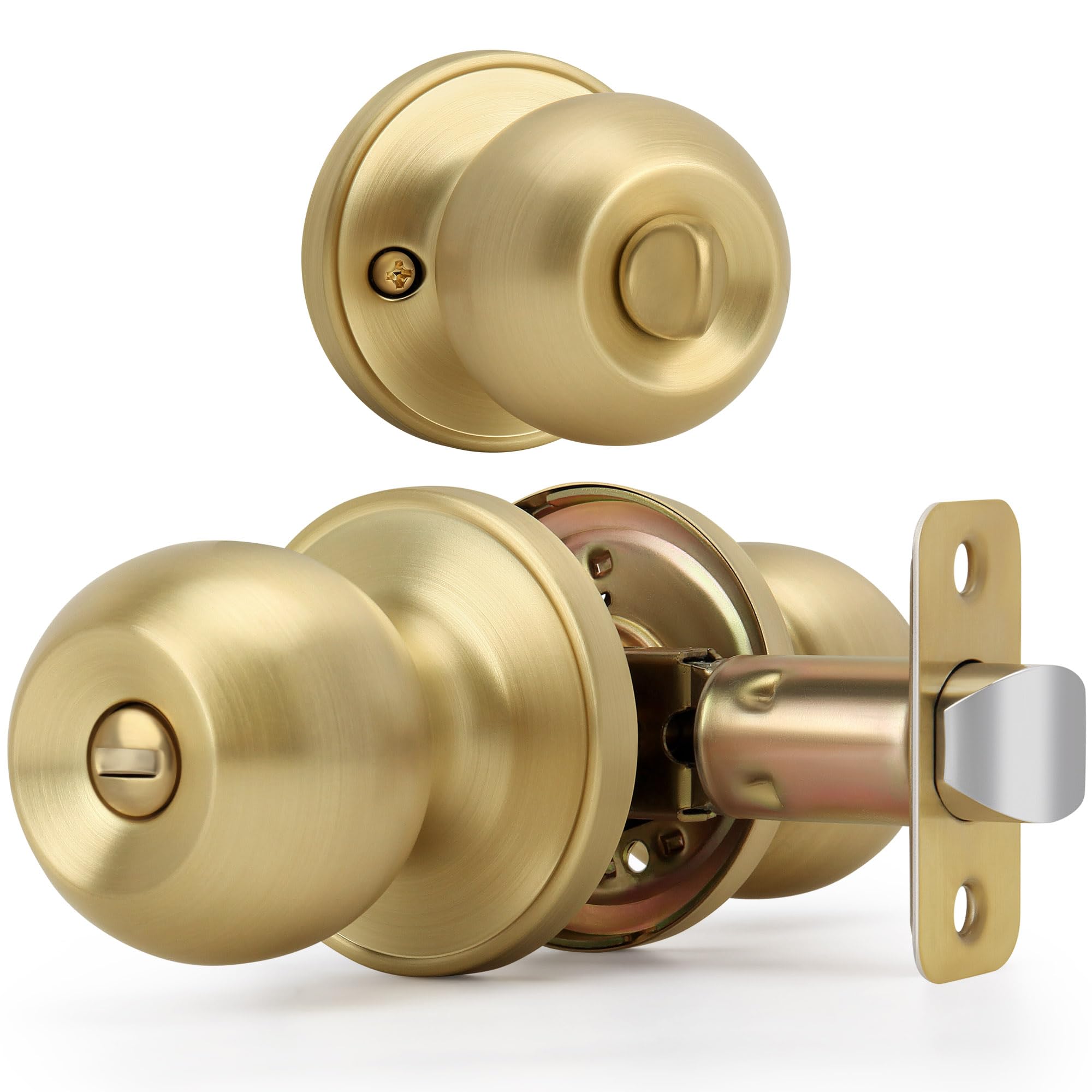 LOQRON Brushed Gold Ball Design Door Knob with Lock, Privacy Round Shaped Keyless Doorknob for Bathroom/Bedroom, Satin Brass Finish