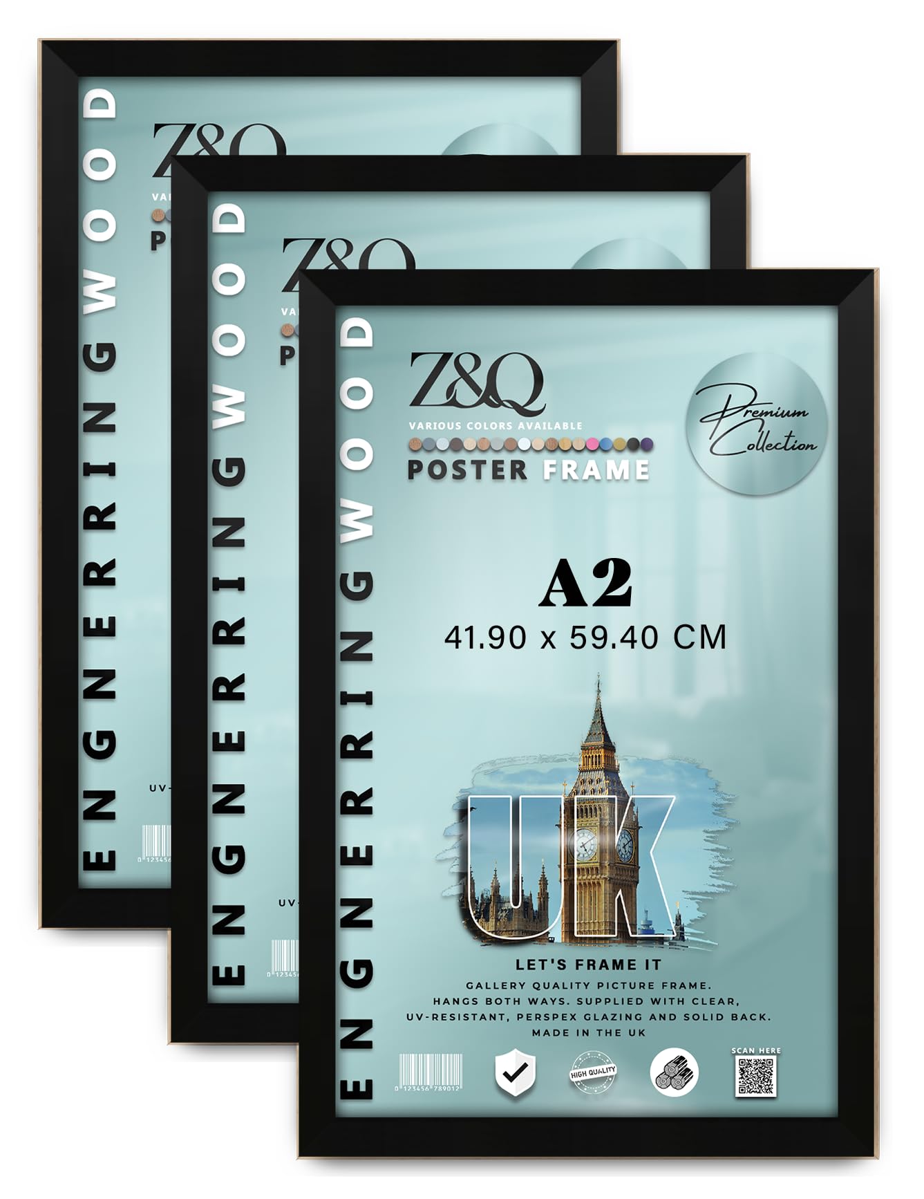 Z&Q Pack of 3 MDF Wood Finish A2 (41.90 x 59.40 CM) Poster/Picture Frame | for Art Gallery, Room Wall Decor 23 x 16 Inch Portrait/Landscape Display [ Matt Black ]
