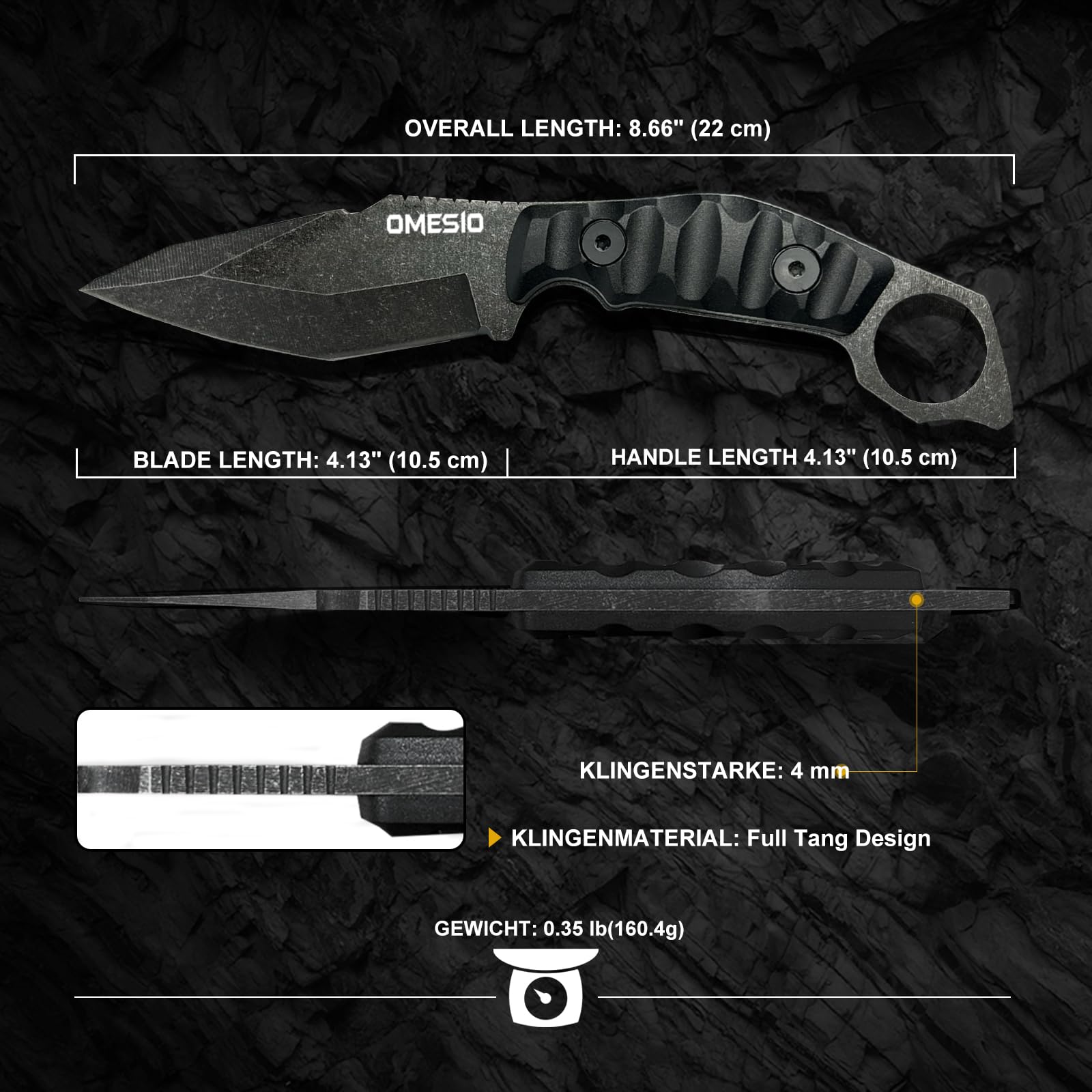 Omesio Coltello da Caccia Full Tang in Acciaio 420 | Lama Fissa 10,5 cm | Coltello da Cintura per Sopravvivenza, Campeggio ed Escursionismo | Manico in ABS Antiscivolo