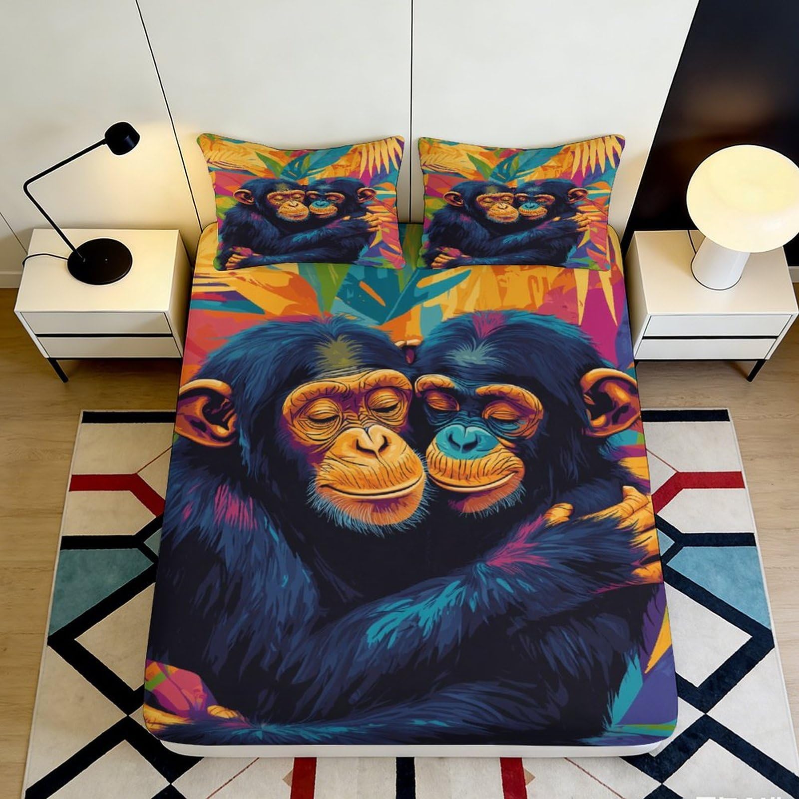 3D Printed Colorful Chimpanzee Fitted Sheet Microfiber Soft Breathable Jungle Art Mattress Cover for Bedroom Dorm Decor 90x200x25cm